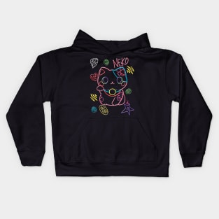 Neon Neko (2) - Cute neon light Japanese beckoning cats to bring you good luck Kids Hoodie